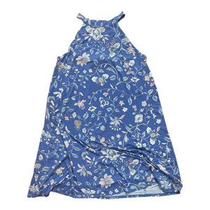 Blue floral swing dress with high neck and keyhole back size small from LOFT
